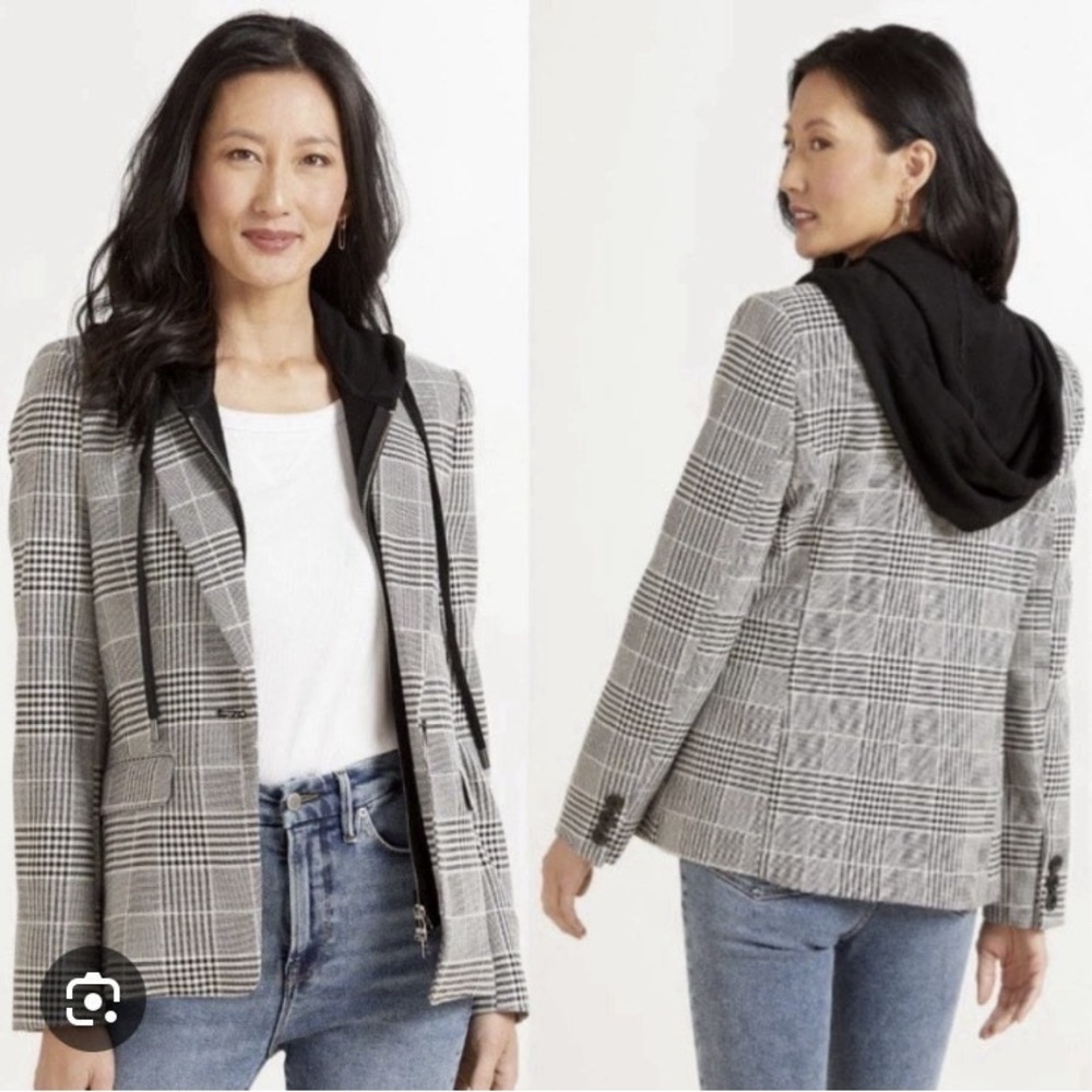 Evereve Park Avenue Convertible Hooded Blazer in Glen Plaid Sz S‎